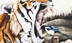 A tiger with its' mouth around a bird