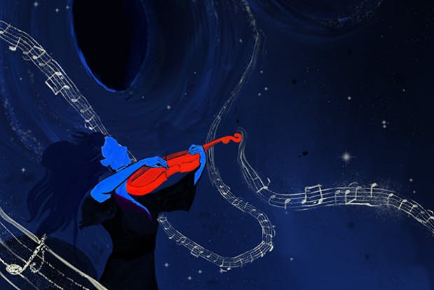Painting of female figure playing violin against a night sky containing floating musical notes and black holes