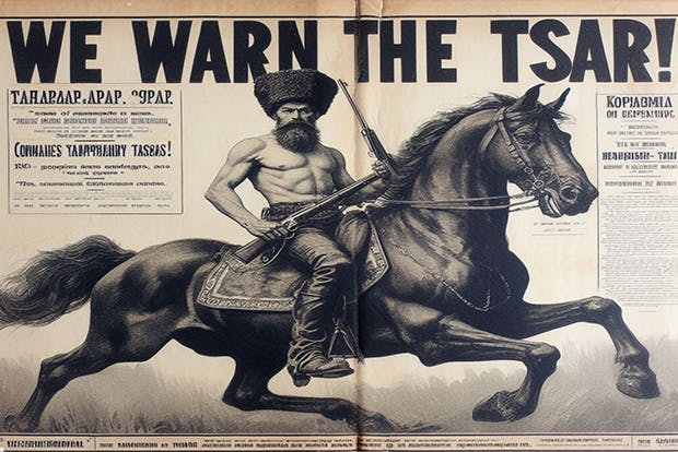 An image of the creased and aged front page of a fictitious Russian newspaper of circa. 1900. The newspaper carries the headline ‘We warn the Tsar’. Under the headline is an illustration of a bare-chested Tsar on horseback holding a rifle, plus fake cyrillic text – this satirises a notorious photograph of Vladimir Putin