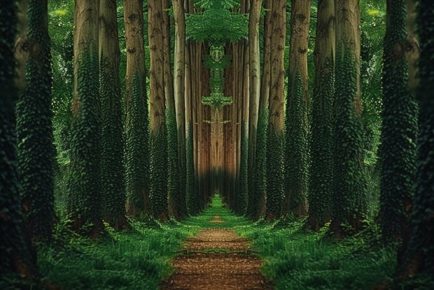 Path between tall trees