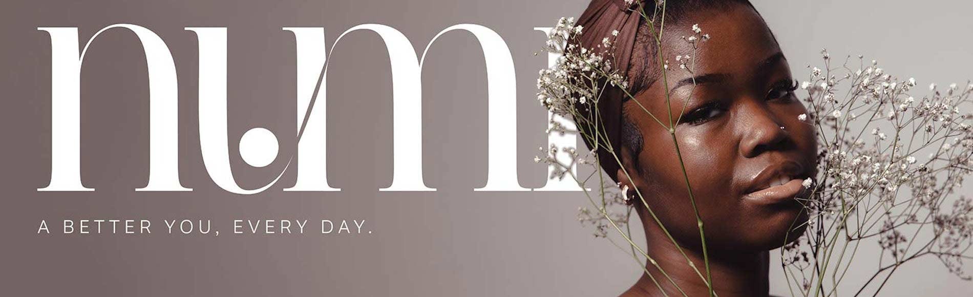 Graphic Design student work - advert for Numi - A better You, Every Day showing woman looking relaxed with blossoms