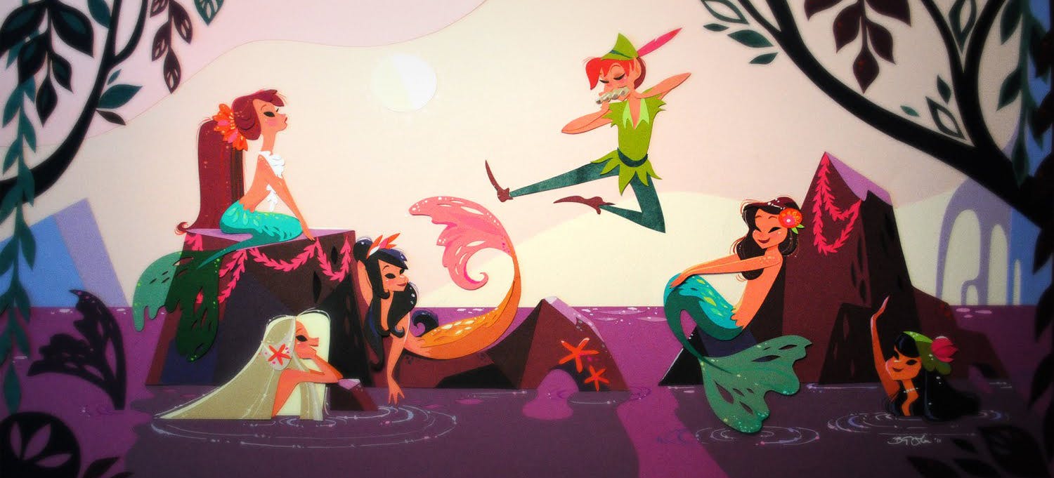 Colourful digital art of mermaids and Peter Pan