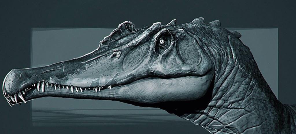 Black and white digital image of crocodile/dinosaur-esque creature