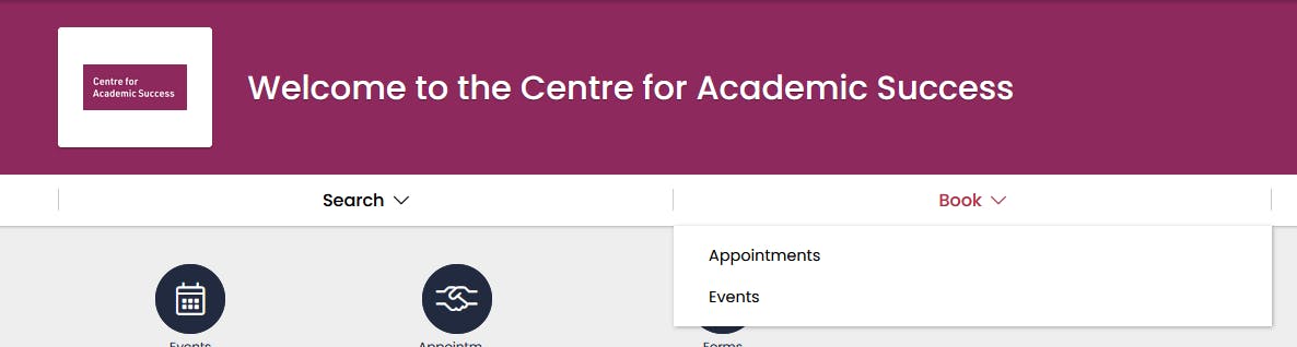 The menu on the booking page, showing the book option expanded, and the appointment and event options within this menu.
