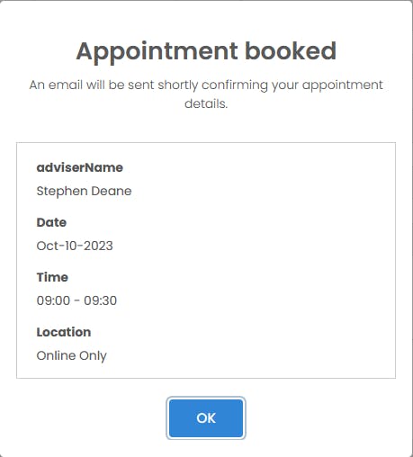 A screenshot of the booking confirmation screen, with the adviser name, date, time and location listed.