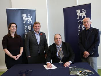 L-R: Birmingham City Council’s Deputy Leader Councillor Brigid Jones and Cabinet Member for Social Justice, Community Safety, and Equalities Councillor John Cotton, Birmingham City University Vice-Chancellor Professor Philip Plowden, and Chair of Birmingham City of Sanctuary David Brown.
