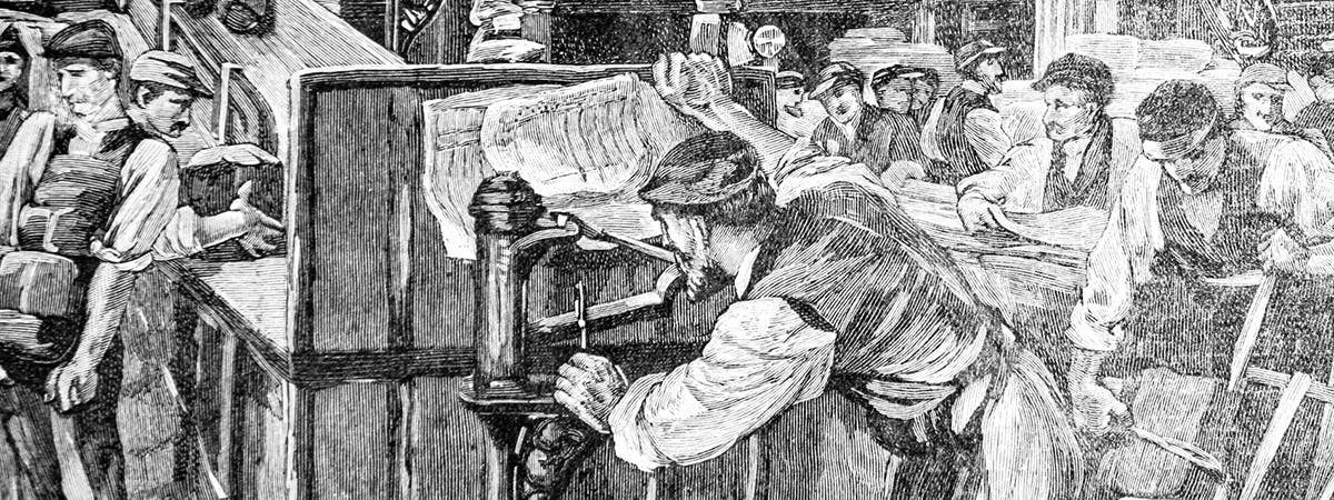 black and white drawing of a newspaper press