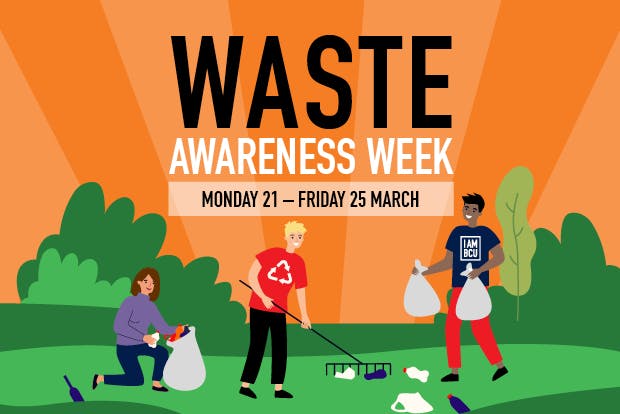 Graphic showing people litter picking, with the text Waste Awareness Week and Monday 21 - Friday 25 March