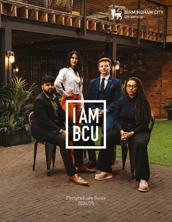 Postgraduate alumni on the front cover of the postgraduate guide. Four alumni stand and confidently look into the camera. The BCU logo is in the foreground.