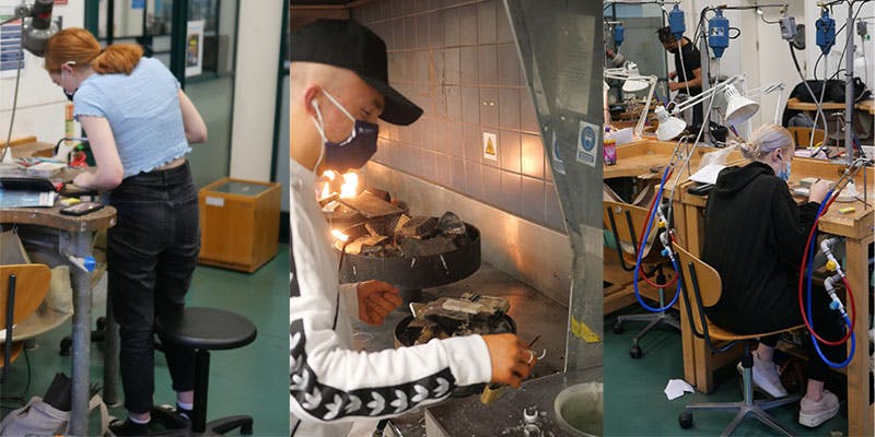 Various images of students making jewellery while wearing face coverings