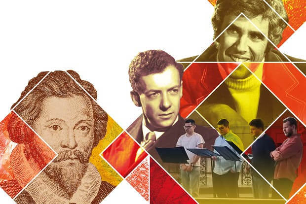 Portraits of William Byrd, Benjamin Britten and Burt Bacharach with vocal quartet on geometric pattern