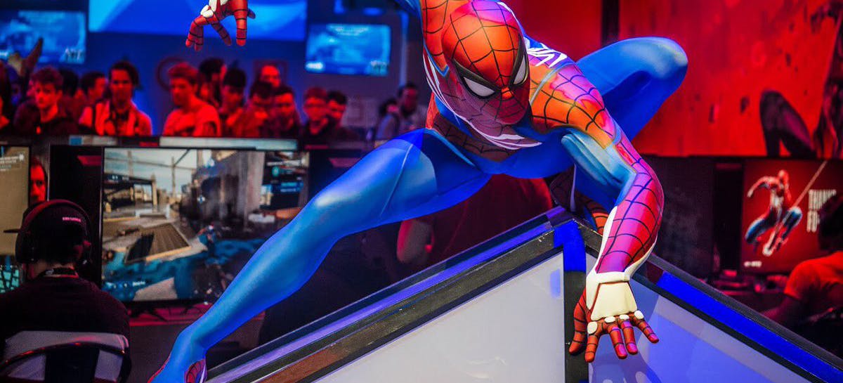 Image of life-size model of Spiderman at EGX convention
