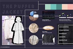 Page of Elizabeth Hudson's student project focusing on the puffer jacket, with colour palette and key words of cocooning, comforting, shapeless, smooth and protective