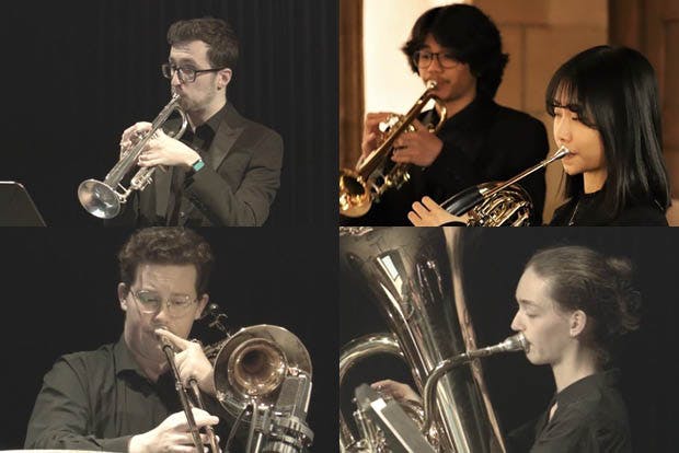 Montage of five of the six members of Epsilon Brass Ensemble