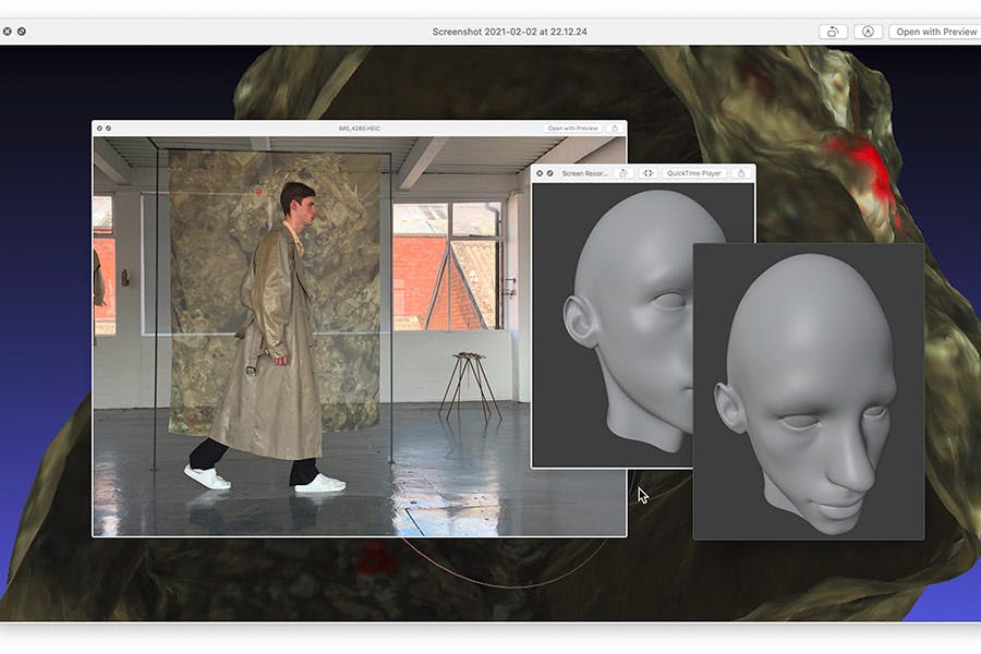 Fashion imaging screenshot of screen with image of man walking and head