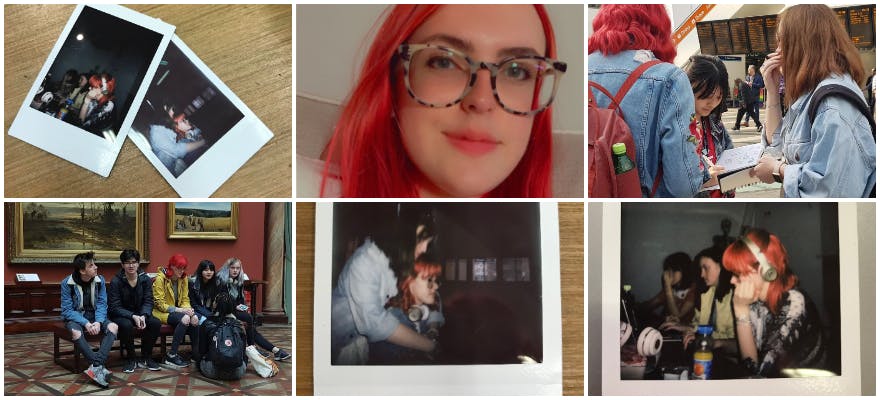 3x2 photo grid of student Rosie Buglass featuring various images of herself and classmates in seminars, at Grand Central station and at Birmingham Museum and Art Gallery
