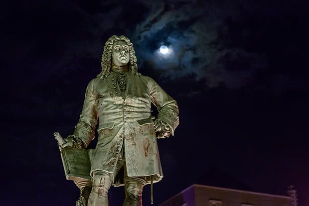 Statue of GF Handel in the moonlight