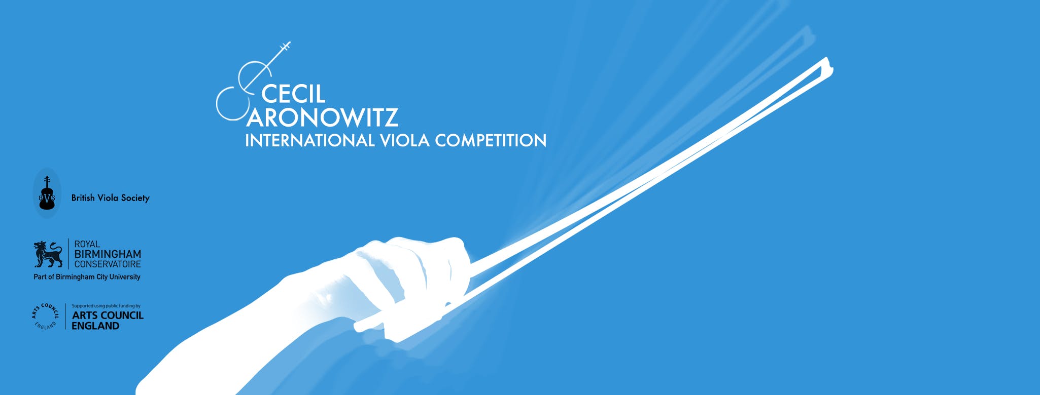 Cecil Aronowitz international viola competition logo, with British Viola Society Logo and Royal Birmingham Conservatoire Logo and Arts Council England Logo