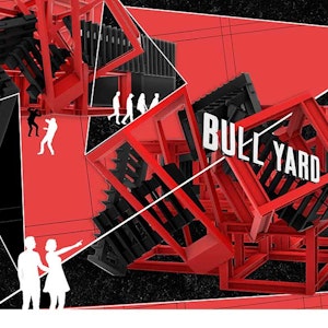 Artwork of stairs in different directions with Bull Yard sign