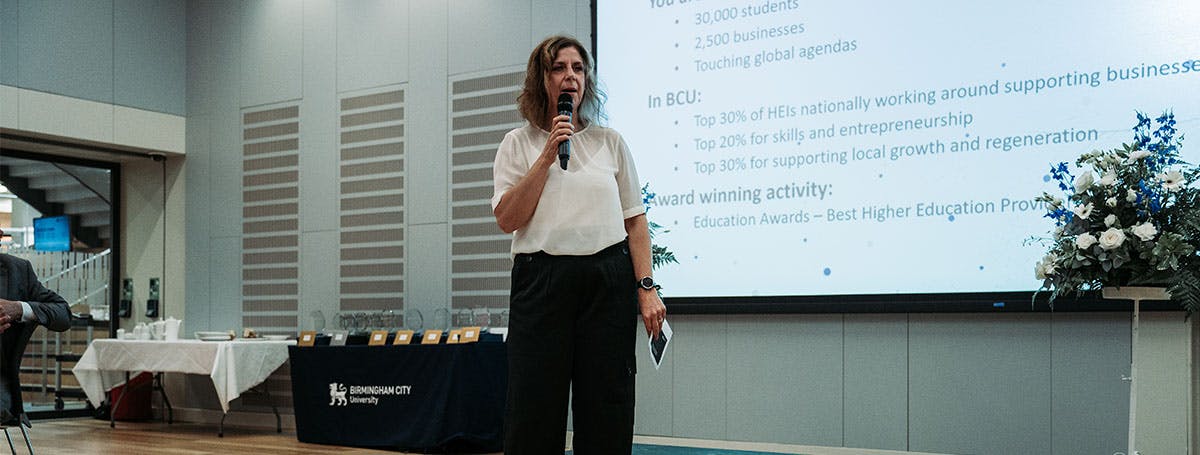 BCU's Jo Birch talking at the recent Knowledge Exchange Awards.