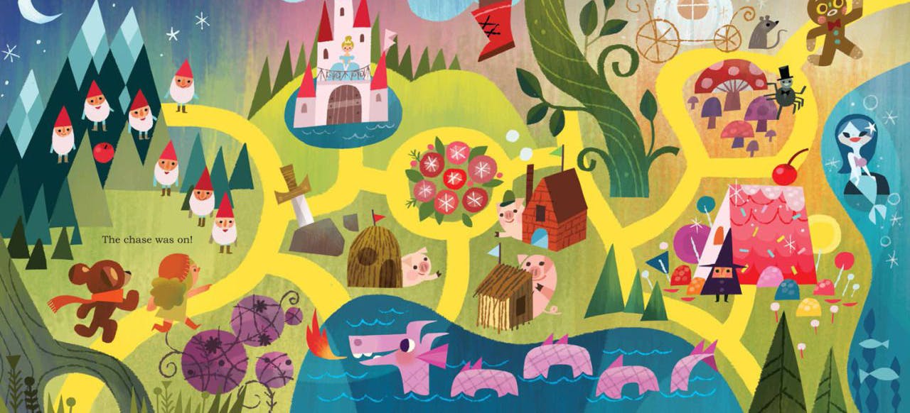 Colourful image by artist Joey Chou featuring a map of castles and mythical creatures
