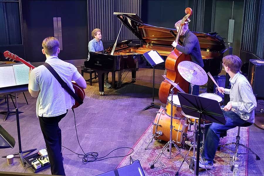 Kevin Hays residency 1 - jazz musicians on cello, baby grand, drums and guitar