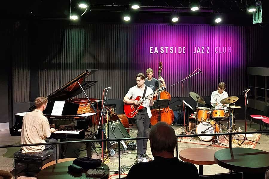 Kevin Hays residency 2 - jazz musicians on cello, grand piano, drums and guitar at Eastside jazz club