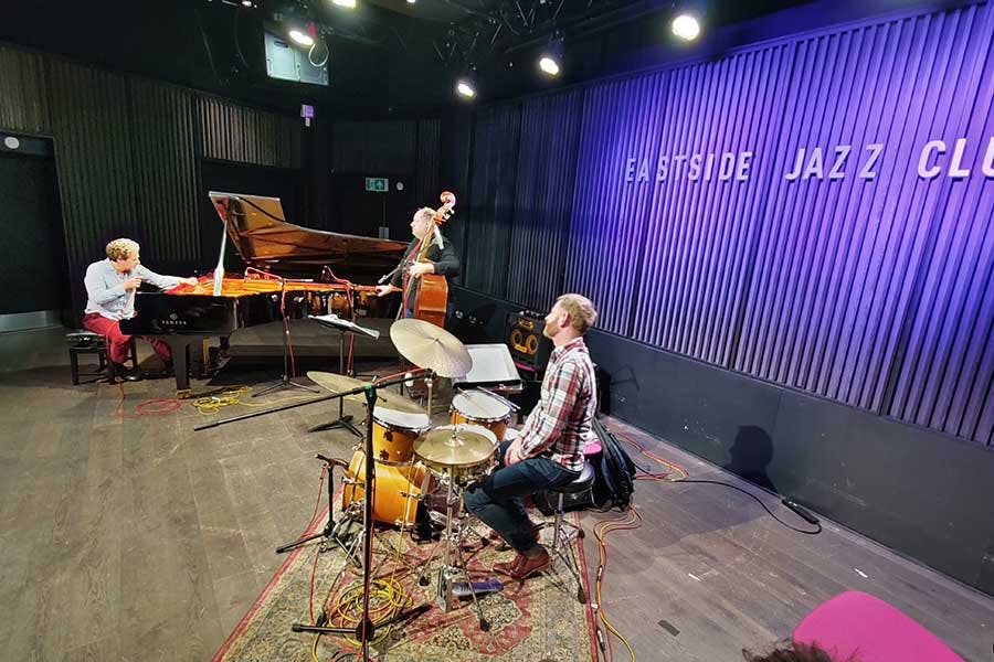 Kevin Hays residency 3 - jazz musicians on cello, grand, drums at Eastside Jazz Club