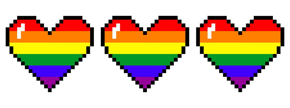 LGBTQ Representation in Gaming 1200x450 - Three 8-bit hearts in rainbow colours