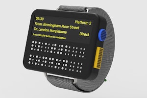Braille watch showing platform number for a train from Birmingham to London