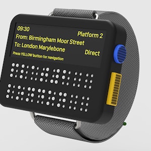 Braille watch showing platform number for a train from Birmingham to London