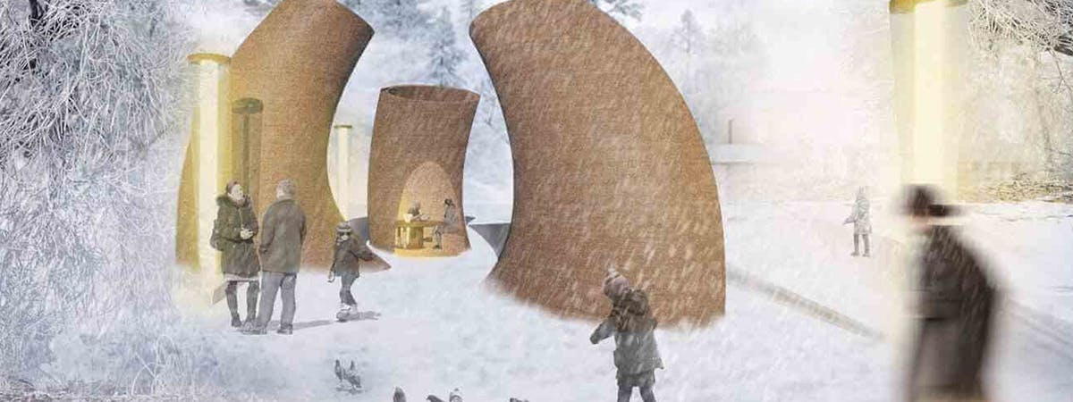 A depiction of people in a snowy park