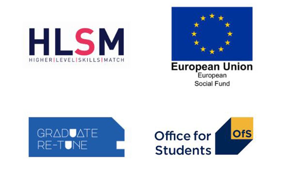 Logos for HLSM, Graduate Re-Tune, European Social Fund and Office for Students.