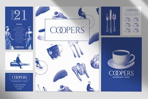 Graphic design student work - Menu for Coopers community cafe showing stylised food, drink and objects
