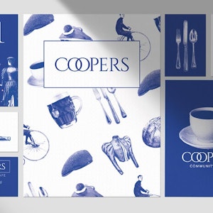 Graphic design student work - Menu for Coopers community cafe showing stylised food, drink and objects