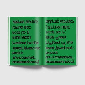 Graphic design student work - green book with styled text about Apple product