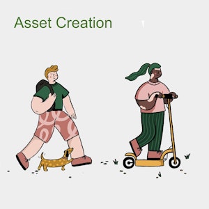 Graphic design student work - Asset creation - Cartoon characters on scooter and walking dog