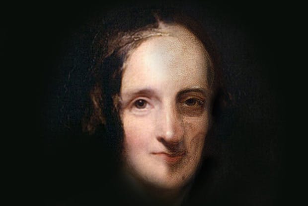 Composite image of Mary Shelley, William Goldwin and skull