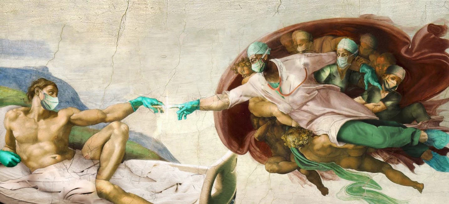 Artists rendition of Renaissance painting featuring surgical masks and gloves