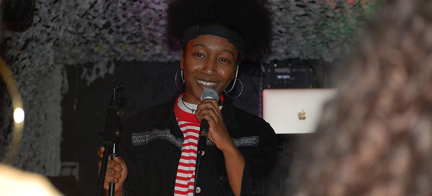 Image of Lady Sanity, performing at a BCU third-year event New Wave