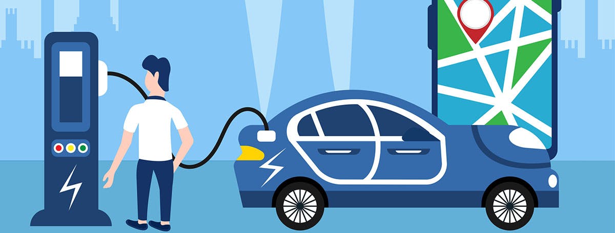 An animation of a young man filling up his electric vehicle.