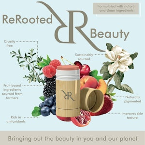 An advert for 'Re-rooted Beauty' skincare product on backdrop of fruit and flowers with benefits highlighted such as 'Cruelty free', 'Sustainably sourced' and 'Improves skin texture'. 