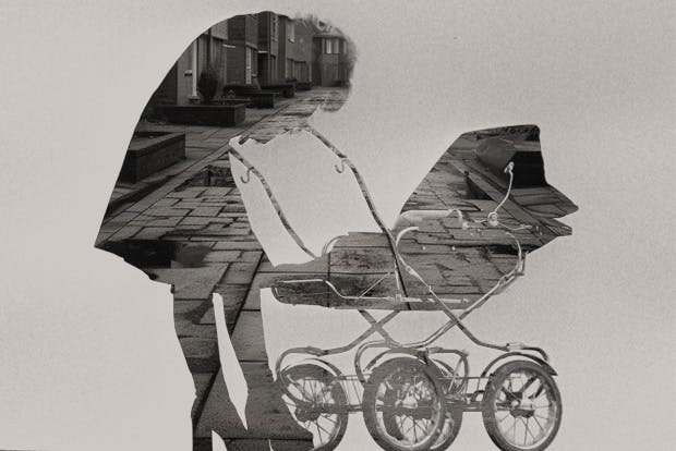A woman crying over a pram, stark black and white image, urban, gritty, kitchen sink drama