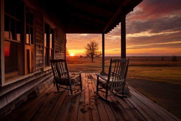 Porch with two rocking chairs at sunset