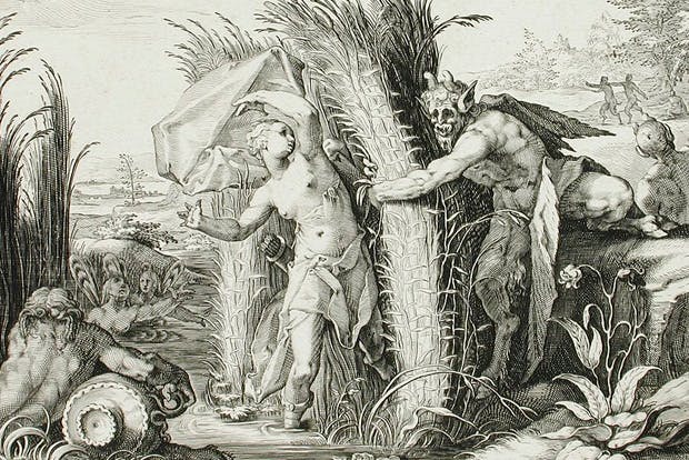 Engraving of myth of the wood nymph Syrinx pursued by the god Pan