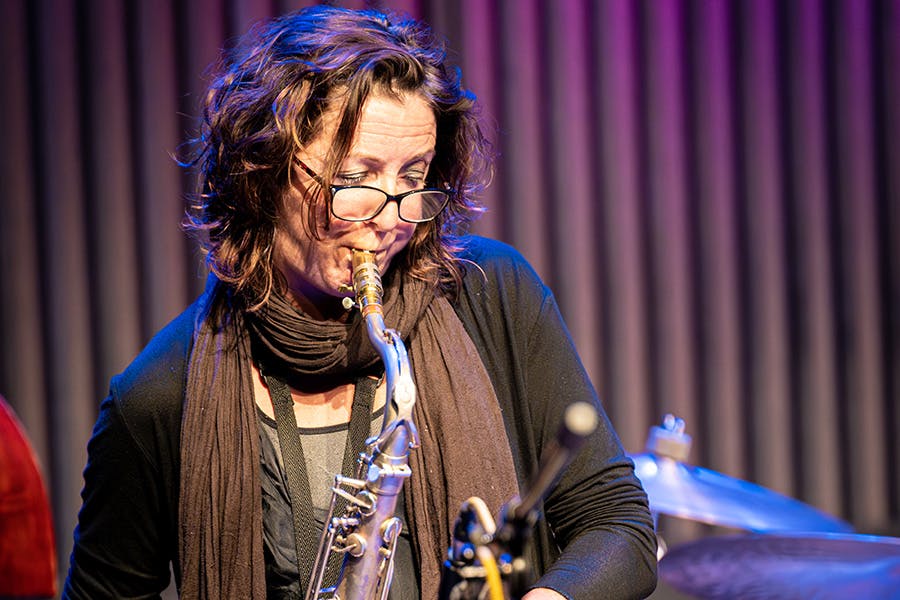 Tori Freestone playing the saxophone