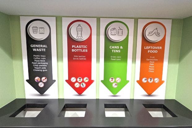 Photo of bins at BCU, for general waste, plastic bottle, cans/tins and food waste